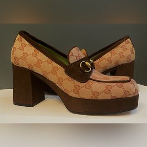 Gucci GG Monogram Suede Houdan Mid Heel Platform Loafers Beige Ruggine Maroon